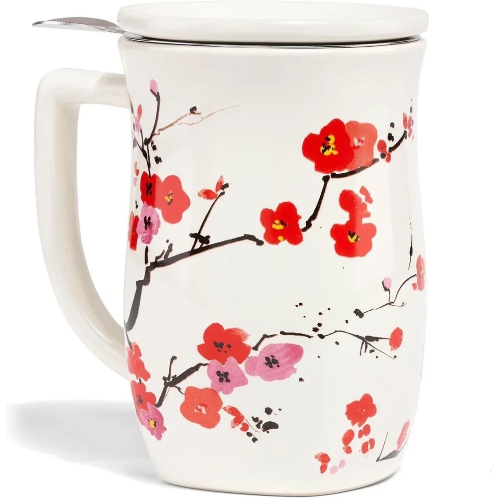 Tea Forte‎ Ceramic Fiore Cup Removeable Stainless Infuser Basket Handle Lid NEW